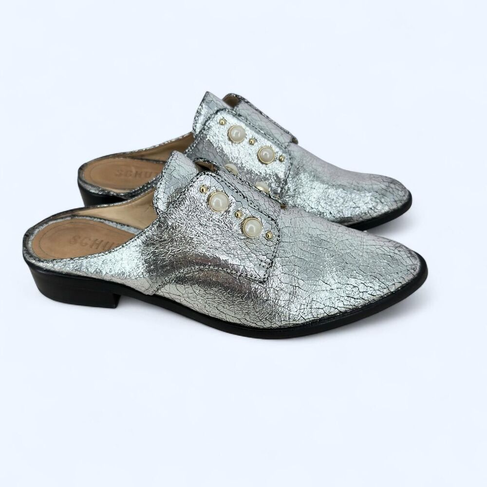 Schutz Jaine Pearl Embellished Metallic Cracked Leather Mules Size 7.5